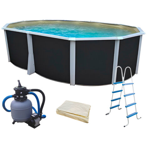 Piscine hors sol acier ovale 550x366x132cm – Parois laquées anthracite – Liner beige 0,40mm – Filtration à sable 3,6m³/h – Capacité 21.500L – TOI