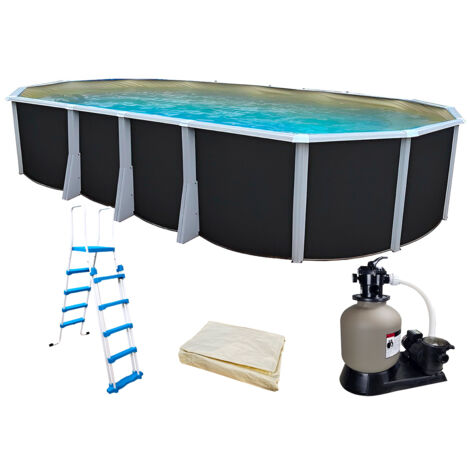 Kit piscine hors-sol acier Toi ANTHRACITE IBIZA ovale 730X366X132cm liner beige (1/5)