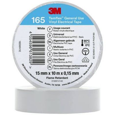 3M Electricite - 80464N - Temflex 165 Ruban d'isolation électrique 10m x 15mm Blanc (1/2)