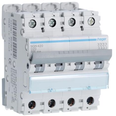 Disjoncteur Tétrapolaire 10kA courbe D 20A 4 modules HAGER NGN420