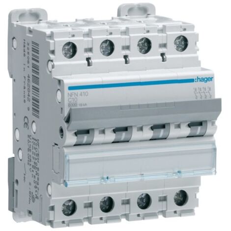 Hager - NFN410 - Disjoncteur 4P 6-10kA courbe C - 10A 4 modules (1/6)
