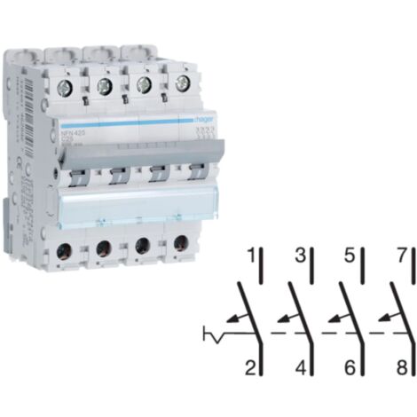 Disjoncteur 4 Pôles 6-10kA courbe C 25A 4 modules HAGER NFN425