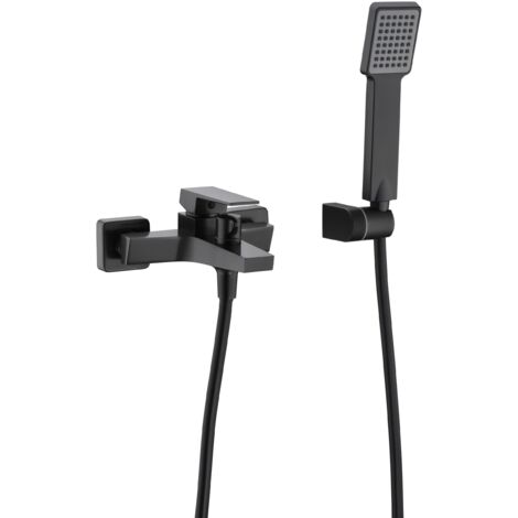 IMEX grifería para banera y ducha en latón con tubo flexible metálico 180 cm soporte ABS manilla cuadrada cartucho cerámico Ø35 mm acabado negro black gun metal Art black gun m