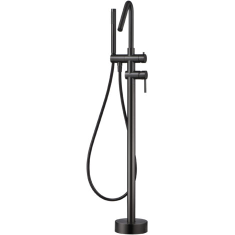 IMEX Miscelatore vasca-doccia a pavimento in acciaio e ottone nero opaco con cartuccia ceramica Ø35 mm tubo flessibile in PVC y manopola singola Imex-BBECO1-BGM