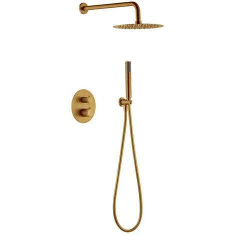 Conjunto de ducha termostática empotrada con un diseño moderno de acabado oro cepillado Line de Imex