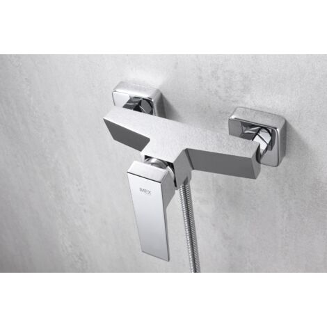 IMEX Set ducha con cuerpo de latón tubo metálico de 180 cm soporte en ABS manija cuadrada cartucho cerámico Ø35 mm acabado cromado - Modelo Imex-BDAR025-5