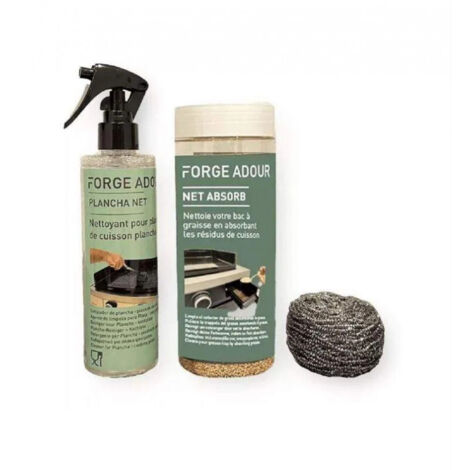 Forge Adour – Kit de nettoyage absorb pour plancha – Nettoyant 100% végétal – Spray Plancha Net 250ml – Boule inox pour plaque sans abîmer (1/8)