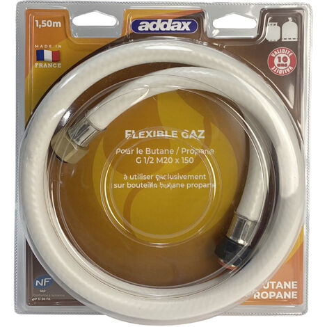 Tuyau flexible à gaz 150 cm – Caoutchouc – Filetage M20x1,5 – Norme NF D 36-112 – Raccordement réchauds et barbecues – Addax