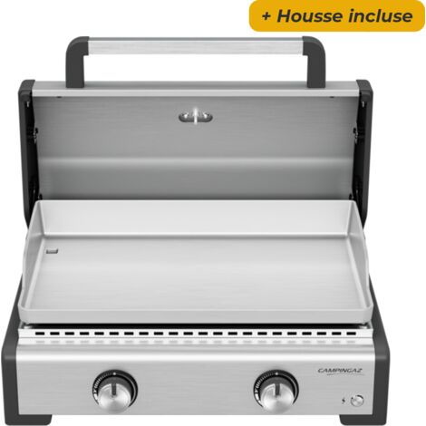 Campingaz – Plancha à gaz 2 brûleurs 58x36cm – Technologie Blue Flame – Couvercle avec thermomètre – Housse de protection incluse