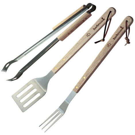 Set de 3 ustensiles de barbecue – Spatule, fourchette, pince en inox et bois certifié FSC – Ensemble écologique et durable – Barbecook