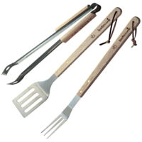 Set de 3 ustensiles barbecue – Spatule inox, fourchette inox, pince bois FSC® – Rangement pratique avec attache – Barbecook