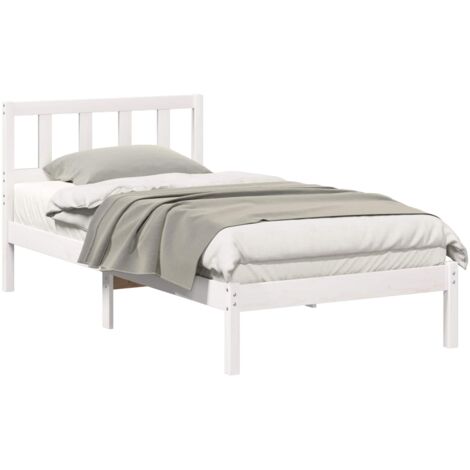 Lit une place avec tête de lit en bois massif blanc pour adulte et enfant
