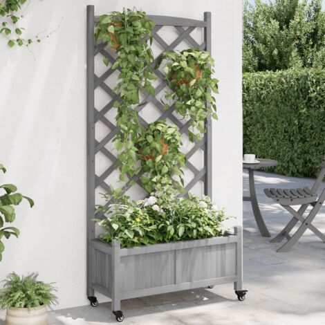 Jardinière brise-vue en bois massif gris avec treillis mobile