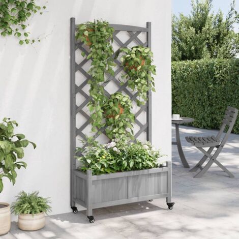 Jardinière brise-vue en bois massif gris avec treillis mobile