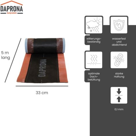 Bande de faîtage DAPRONA en aluminium 5m, rouleau de faîtage, bande d'arêtier, faîtière roulante, étanchéité de toit, bande d'aération de toit - 1 rouleau, 330mm