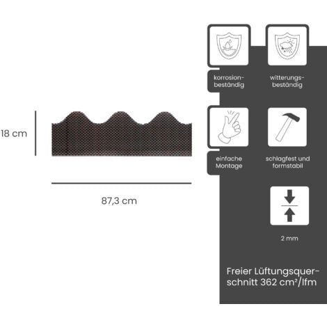 Profilé d'aération ondulé, 87,3 cm, PVC, adapté au profilé ondulé 5, aération optimale de la façade et du toit, protection contre les oiseaux - 1 pièce Noir