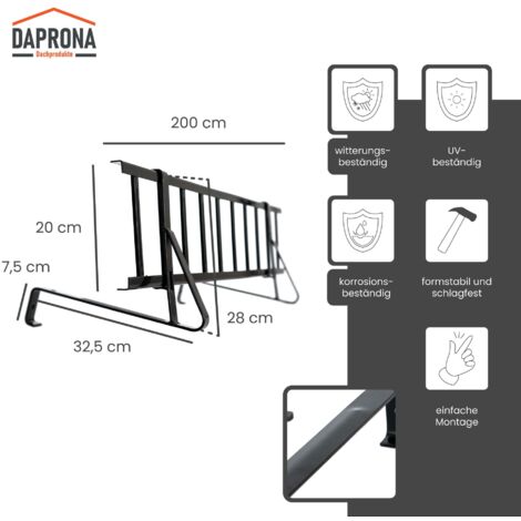 DAPRONA Jeu de grilles pare-neige, y compris support pare-neige, connecteur, montage simple, pour tuiles ondulées, certifié TÜV Rheinland - 200cm Noir