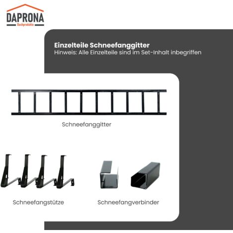 DAPRONA Jeu de grilles pare-neige, y compris support pare-neige, connecteur, montage simple, pour tuiles ondulées, certifié TÜV Rheinland - 200cm Noir