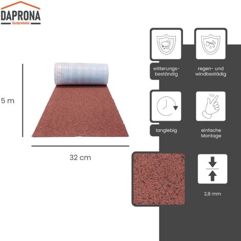 DAPRONA Bardeaux de toit, couverture de faîtage 5m x 32cm bande de faîtage en bitume pour abri de jardin, abri de voiture, nichoir - Rouge
