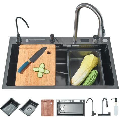 Fregadero de cocina 75x45cm Fregadero digital en cascada，  Fregadero de cocina de acero inoxidable con Grifería multifunción, dispensador de jabón, caño en cascada,Lavavasos,Portacuchillos oculto,Grif