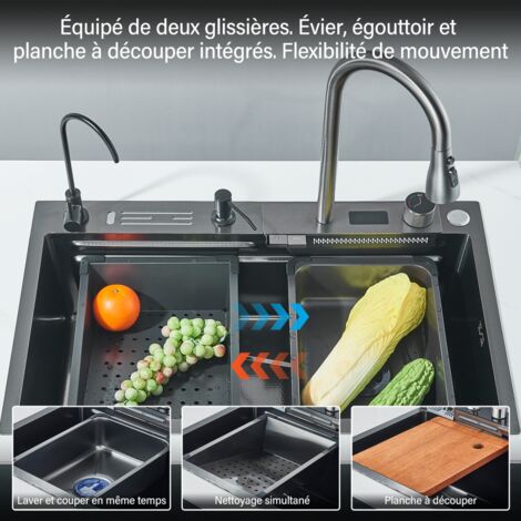 Fregadero de cocina 75x45cm Fregadero digital en cascada，  Fregadero de cocina de acero inoxidable con Grifería multifunción, dispensador de jabón, caño en cascada,Lavavasos,Portacuchillos oculto,Grif