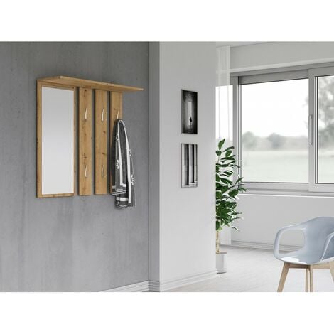 REGGY - Appendiabiti da parete + specchio grande - 6 ganci doppi - Mensola  - Mobili da ingresso - 85x82x15cm