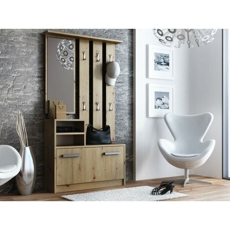 VITTORIA - Mobile da ingresso moderno con 6 ganci + specchio + scarpiera 180x85x24 - Guardaroba - Effetto legno