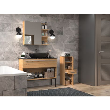 kleankin Mobile basso portaoggetti da bagno con porta a lamelle, armadio da bagno con struttura in acciaio, con nicchia aperta e ripiano regolabile, 37 x 30 x 85 cm, marrone rustico