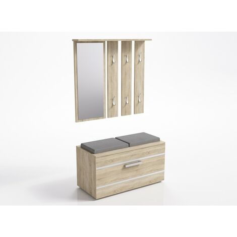 KATHI - Mueble de entrada con espejo + banco - 35x85x180 cm - Banco zapatero - 6 ganchos - Guardarropa