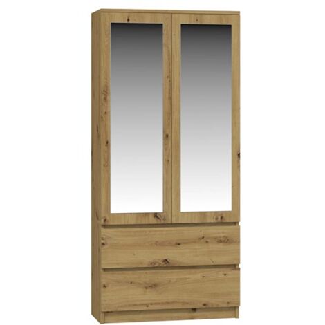 TURIN - Armario 2 puertas con espejo estilo dormitorio moderno - 90x50x180 - 2 cajones - Roble (1/4)