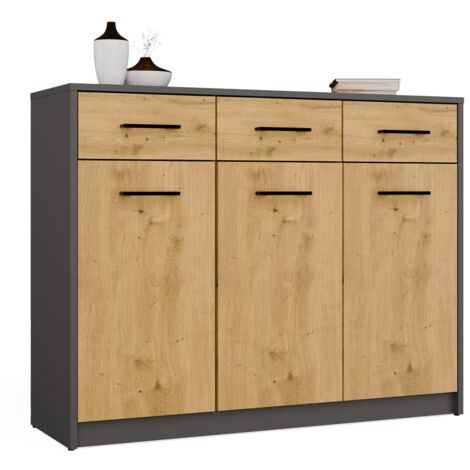 SIMPLO - Aparador de 109 cm con 3 puertas y 3 cajones - Antracita roble artesanal (1/5)