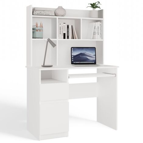 PORTO IZQUIERDO - Escritorio 98×51×145 cm con 3 cajones y repisas, con estante superior para oficina / dormitorio - Blanco (1/5)
