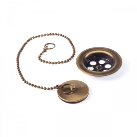 Tres – Bonde de lavabo 70 mm avec chaînette 42 cm – Laiton vieil mat – Bouchon métallique – 3474601LM