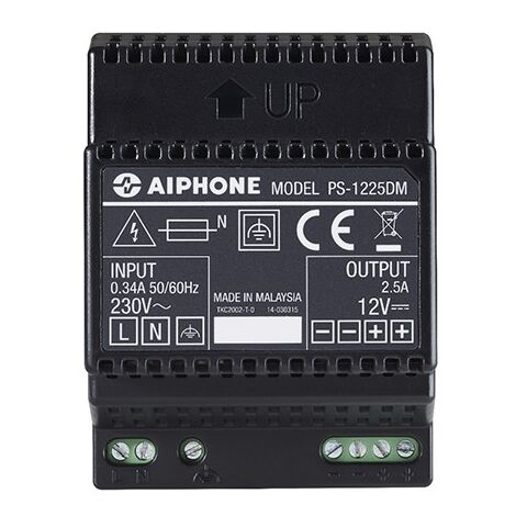Aiphone – Alimentation pour tableau électrique 230 Vac – Tension de sortie 12 Vcc – Courant 2,5 A – Fixation sur rail DIN 4 modules - PS1225DM