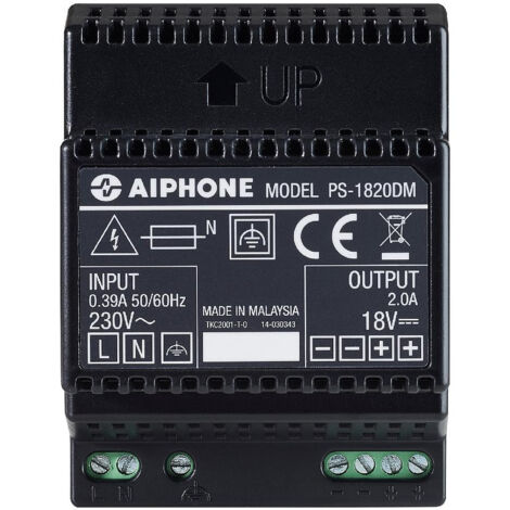 Aiphone – Alimentation pour tableau électrique 230 Vac – PS1820DM – 18 Vcc – 2 A – Fixation rail DIN 4 modules – Compatible interphones vidéo JO1MD