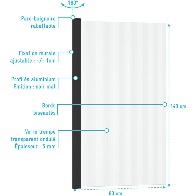 Pare baignoire 75x153cm extensible jusqu'à 202cm - aluminium noir mat -  verre trempé 6mm - STRETCHY - Aurlane