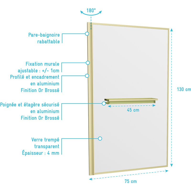 Pare-baignoire Rabattable 80x140cm - Profilé Blanc - Verre Trempé Ondulé  5mm - WAVY - Aurlane