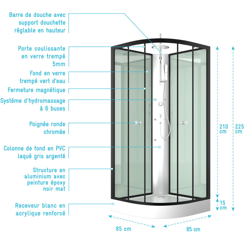 Cabine de douche 1/4 de cercle 85x85x225cm - NEBULA