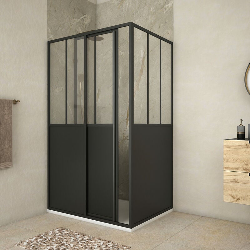 Salle de bain prête à poser d'angle MODULO 170x100 VB pompe relevage  intégrée douche à gauche, lavabo à droite profilé noir verre blanc dépoli