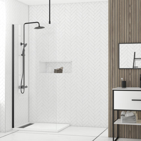 paroi de douche 90x200cm verre transparent - profilé + barre plafond noire - freedom 2 black (1/5)