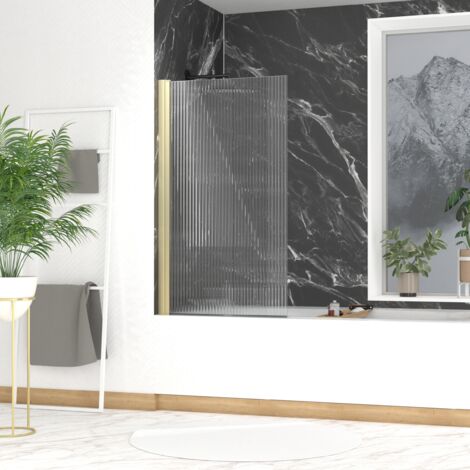 pare baignoire rabattable 80x140cm - profilé or doré brossé - verre trempé ondulé 5mm - wavy