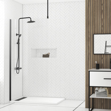 paroi de douche 100x200cm verre transparent - profilé + barre plafond noire - freedom 2 black