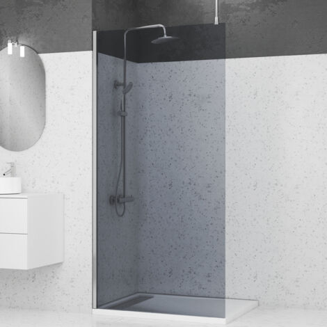 paroi de douche 100x200cm verre fumé - profilé + barre plafond finition chrome - freedom 2 smoked (1/5)