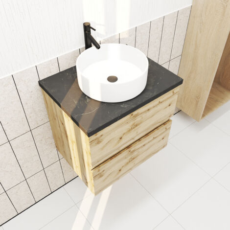 Aurlane – Meuble lave-mains suspendu 60cm chêne naturel – 2 tiroirs soft-close – Plan effet marbre noir – Vasque ronde céramique blanche Ø36cm (1/5)