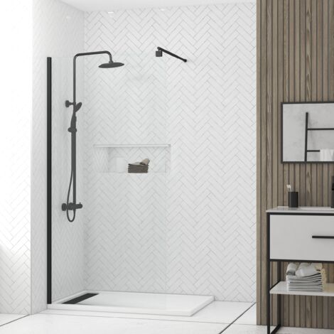 paroi de douche 100x200cm verre transparent - barre de fixation extensible et profil noir