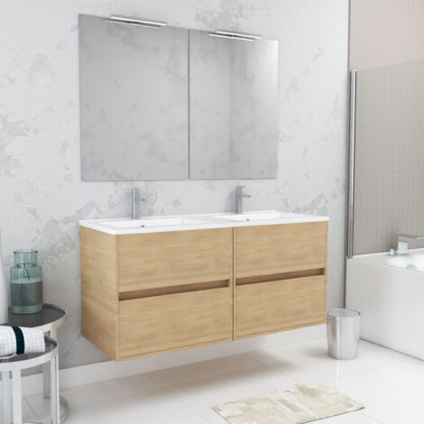 meuble salle de bains 120 cm chêne clair 4 tiroirs, vasque, miroirs 60x80 et réglettes led - xenos (1/4)