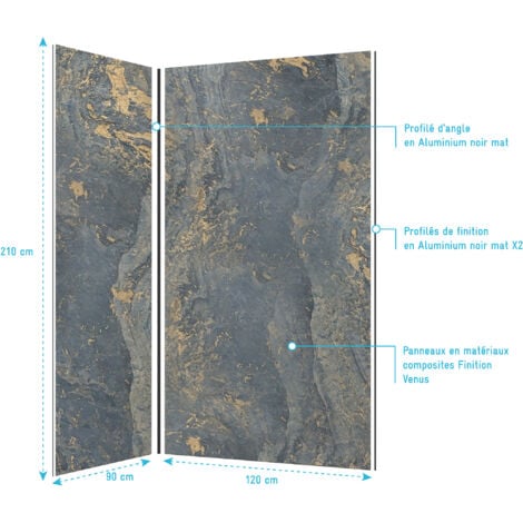 pack de 2 panneaux muraux pierre venus 90+120x210 cm avec profilés noir mat - stone'it