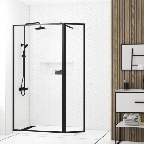paroi de douche avec volet pivotant - cadre et bras alu. noir mat - 100+40x200cm - dark contouring