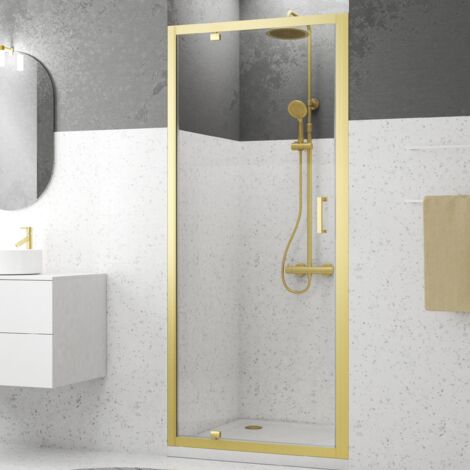 porte de douche pivotante 90x200cm - profilés or doré brossé - verre trempé 6mm - goldy crush