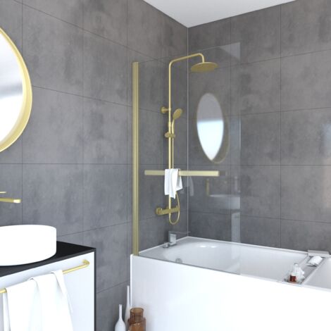 pare baignoire pivotant avec porte-serviette 85x150cm - or doré brossé - verre 6mm - tshape goldy